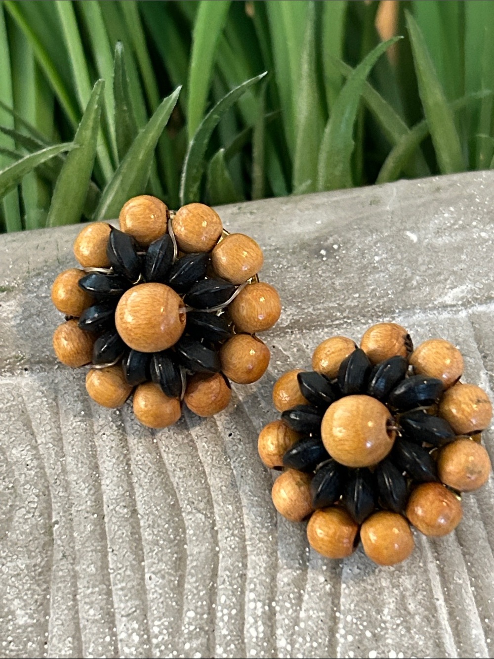 Handcrafted Black and Tan Bead Floral Clip-On Earrings